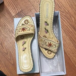Tan Sandals with Embroidered Floral Design